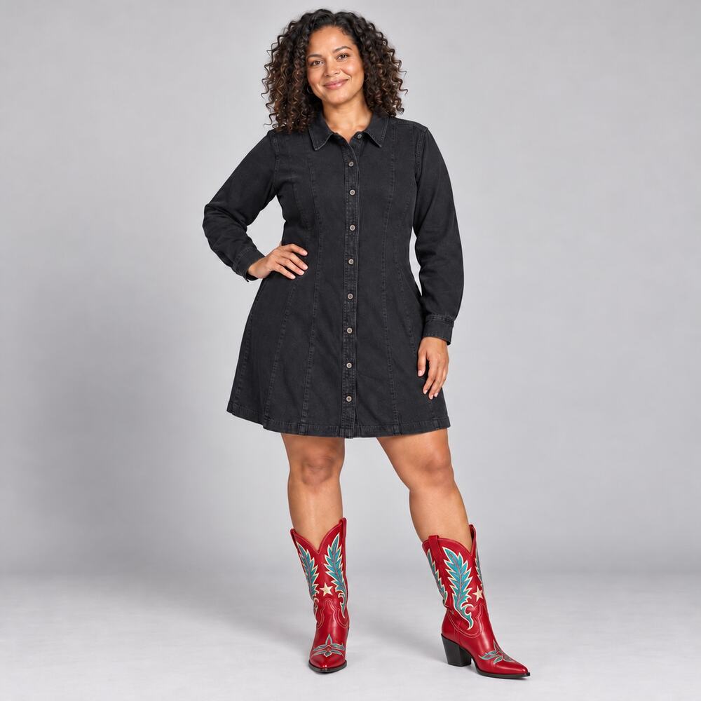 Madewell Mini Dress WMNS 14 Washed Black Button Front Collared Western Denim